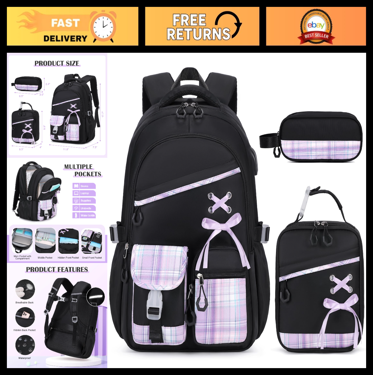 3PCS Girls School Backpack Set with Lunch Box & Pencil Pouch   Stylish & Durable0