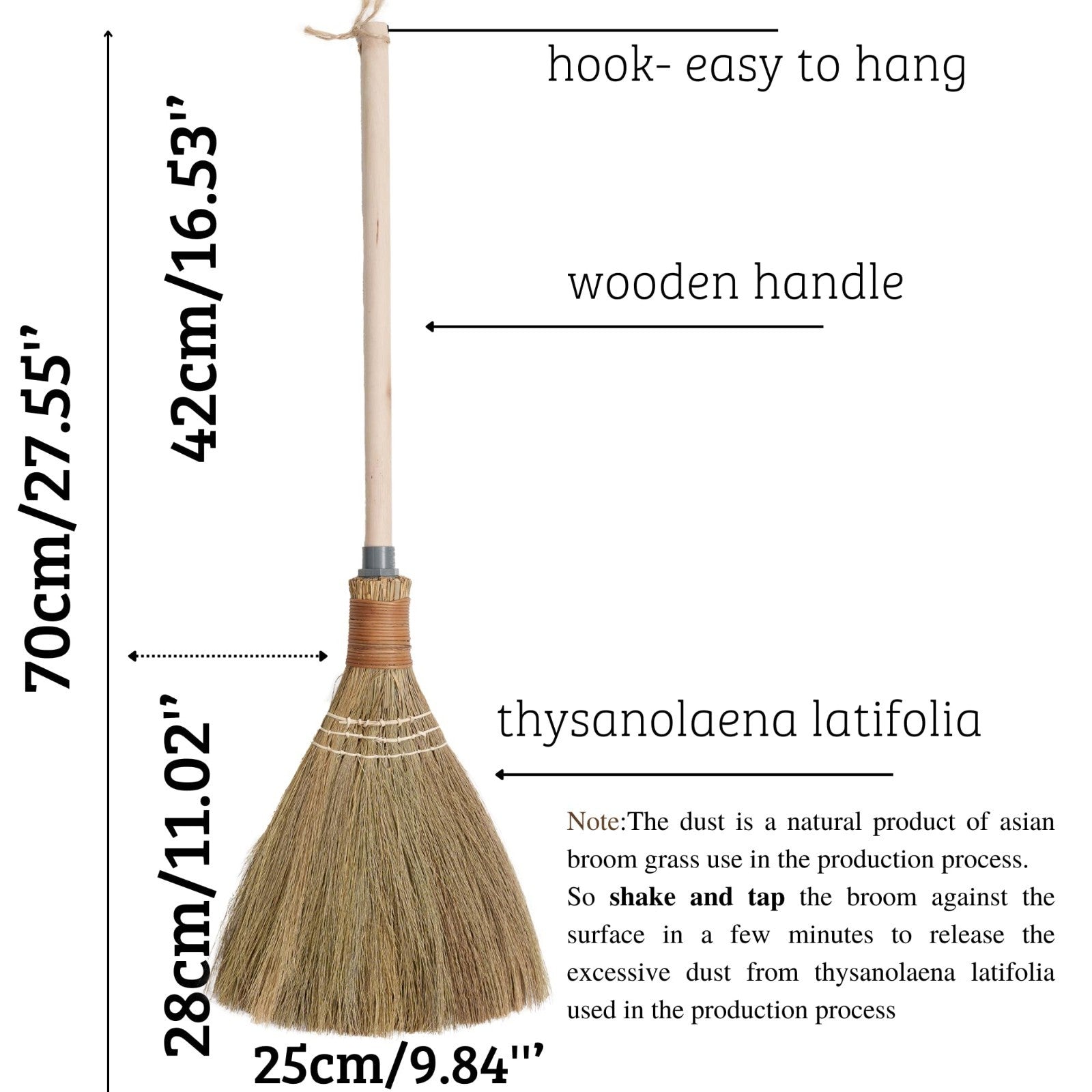 Natural Straw Broom with Wooden Handle - Indoor/Outdoor Cleaning Tool, 27.552