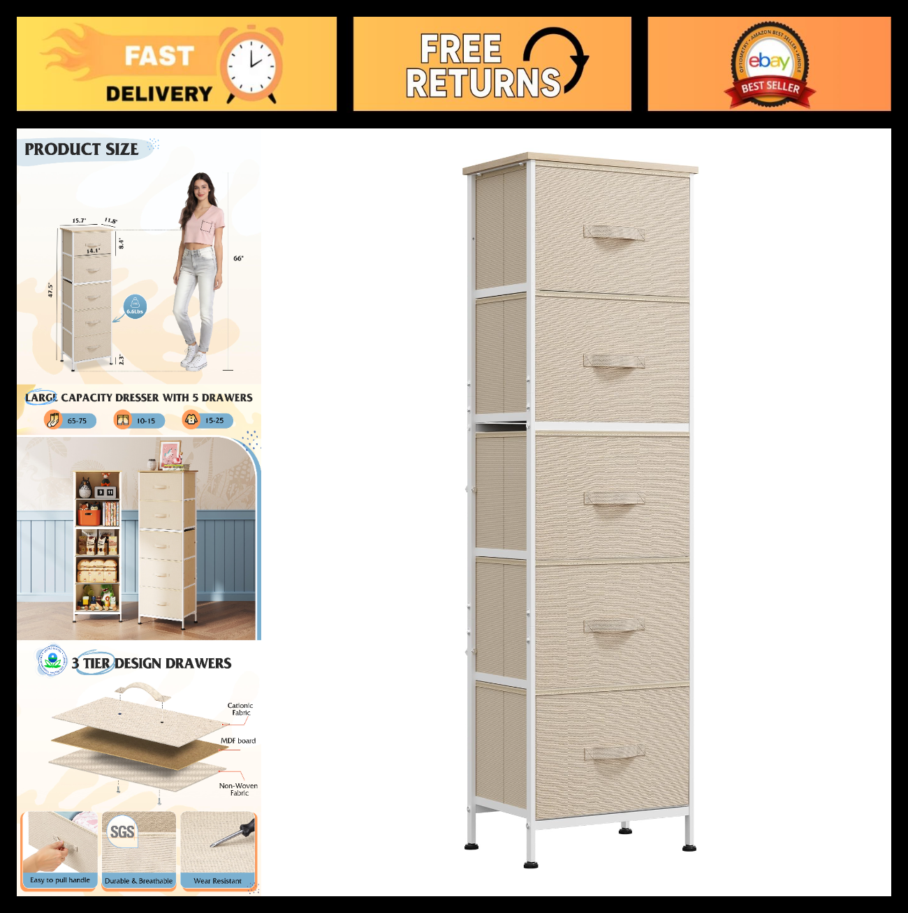 Tall Dresser for Bedroom - 5 Drawer Vertical Storage Chest, Cream White, Small S0