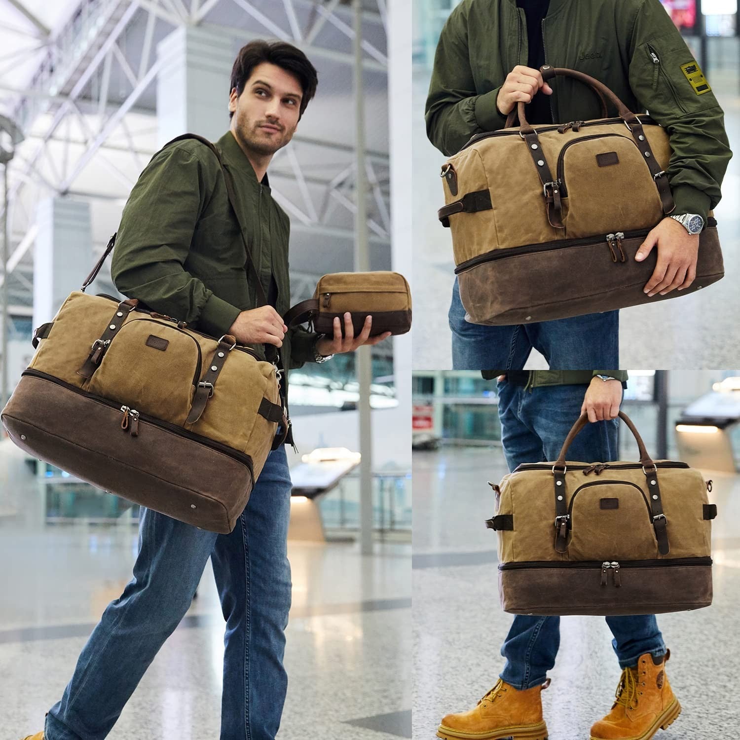 Large Canvas Overnight Bag with Shoe Compartment - Men's Travel Duffel Luggage2