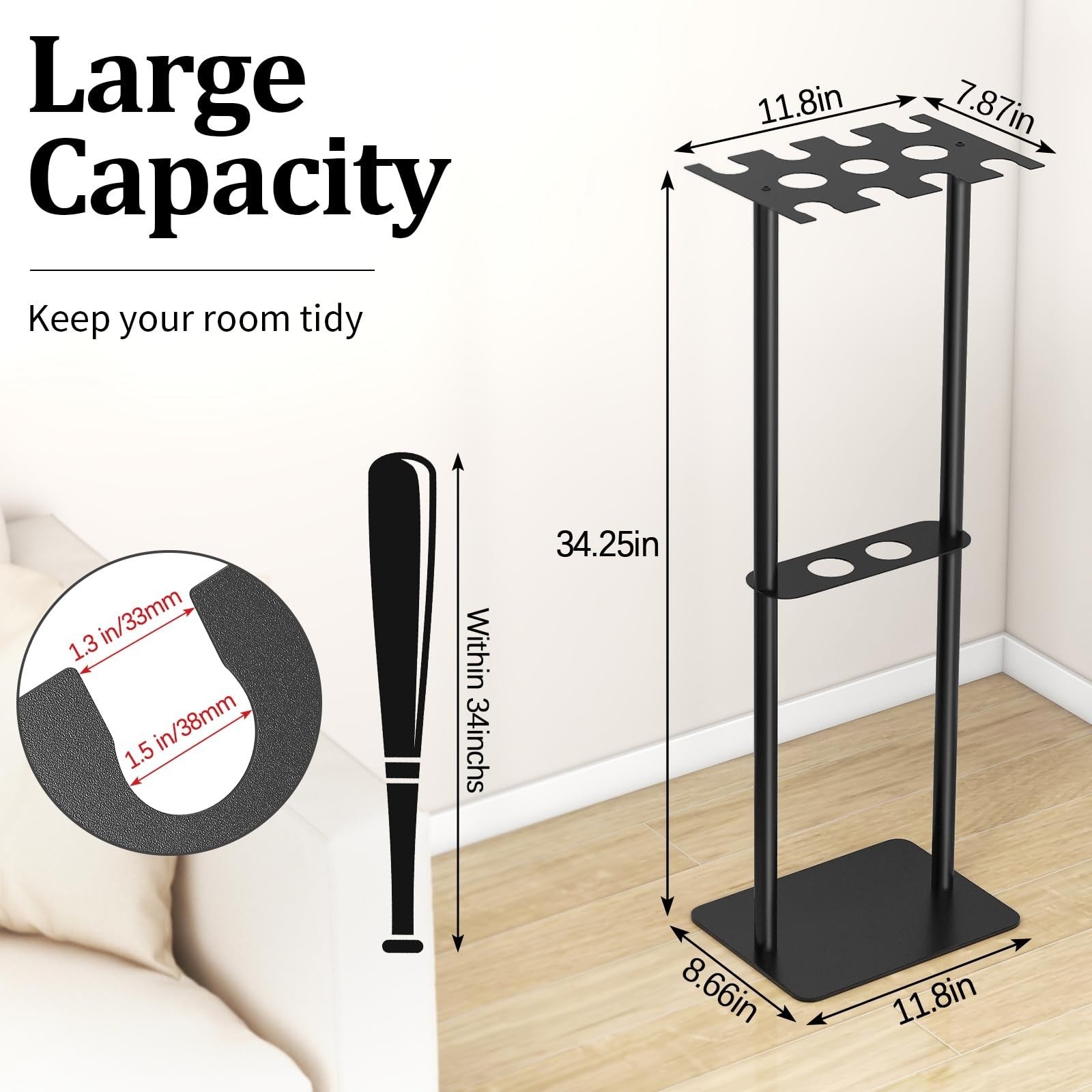 Baseball Bat Holder Stand for 8 Bats & 5 Balls   Softball Display Rack, Black2