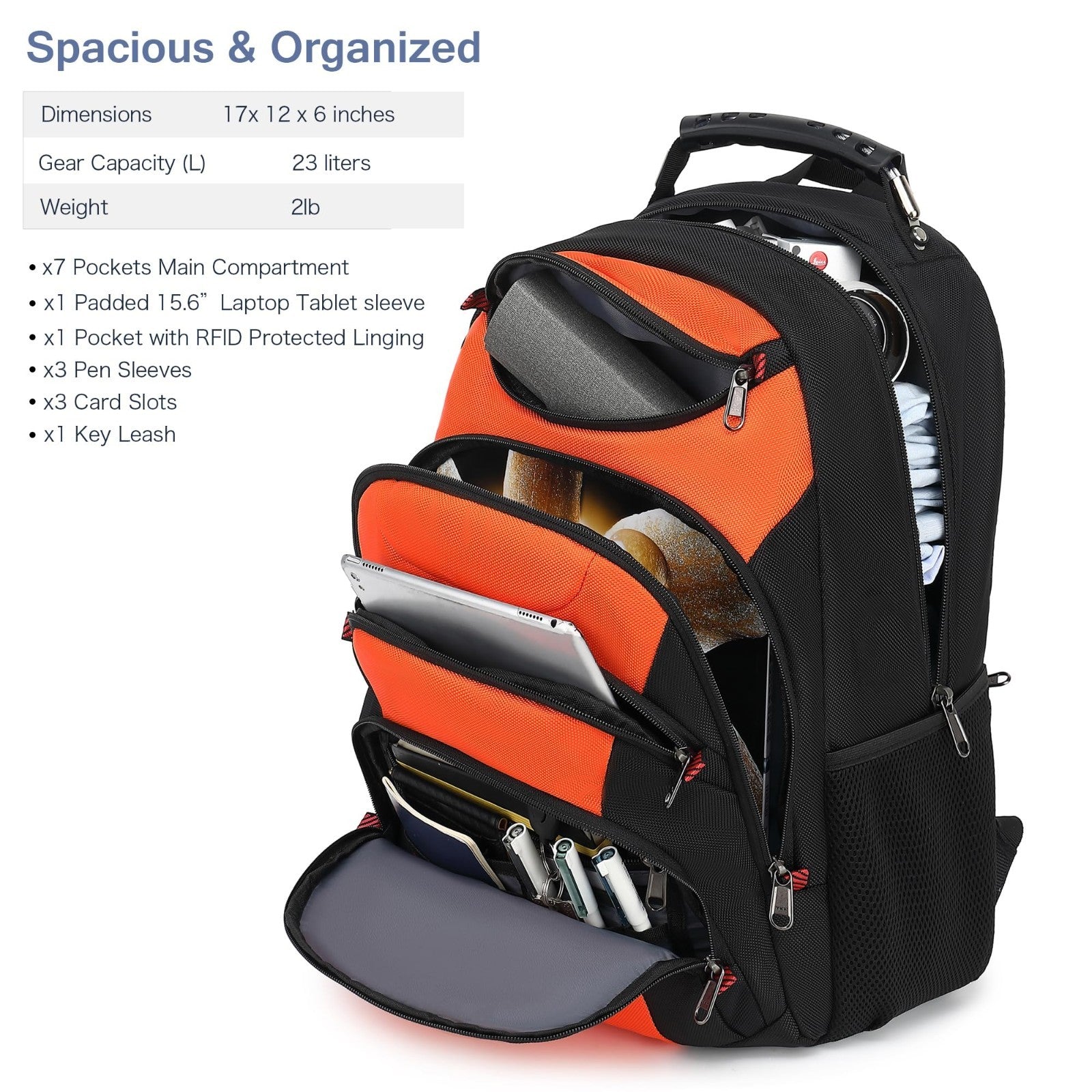 15.6" Waterproof Laptop Backpack with USB Port, Anti Theft Travel Bag, Orange/Bl2
