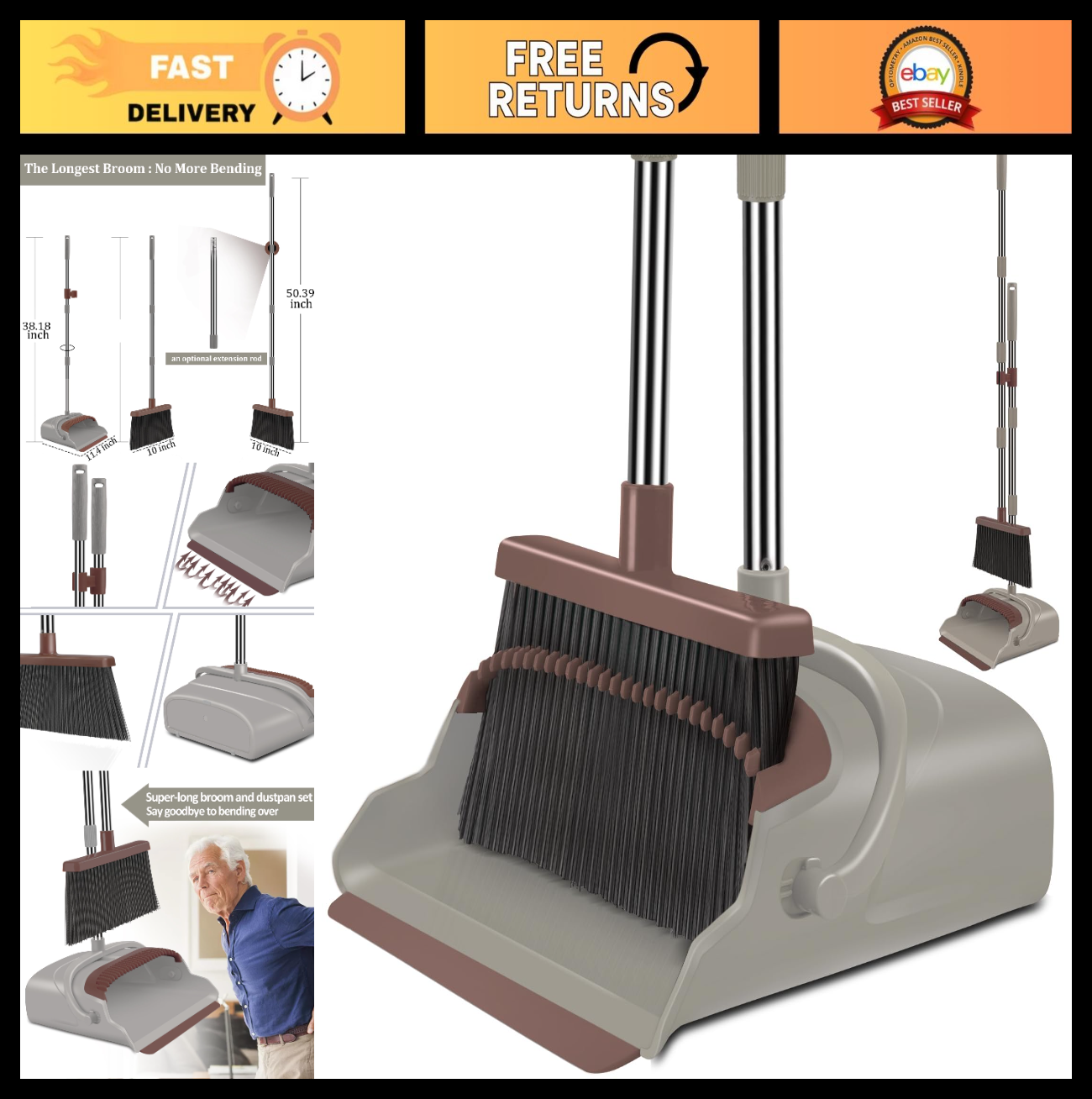 Self-Cleaning Broom & Dustpan Set with Teeth, Long Handle for Pet Hair, Home Use0