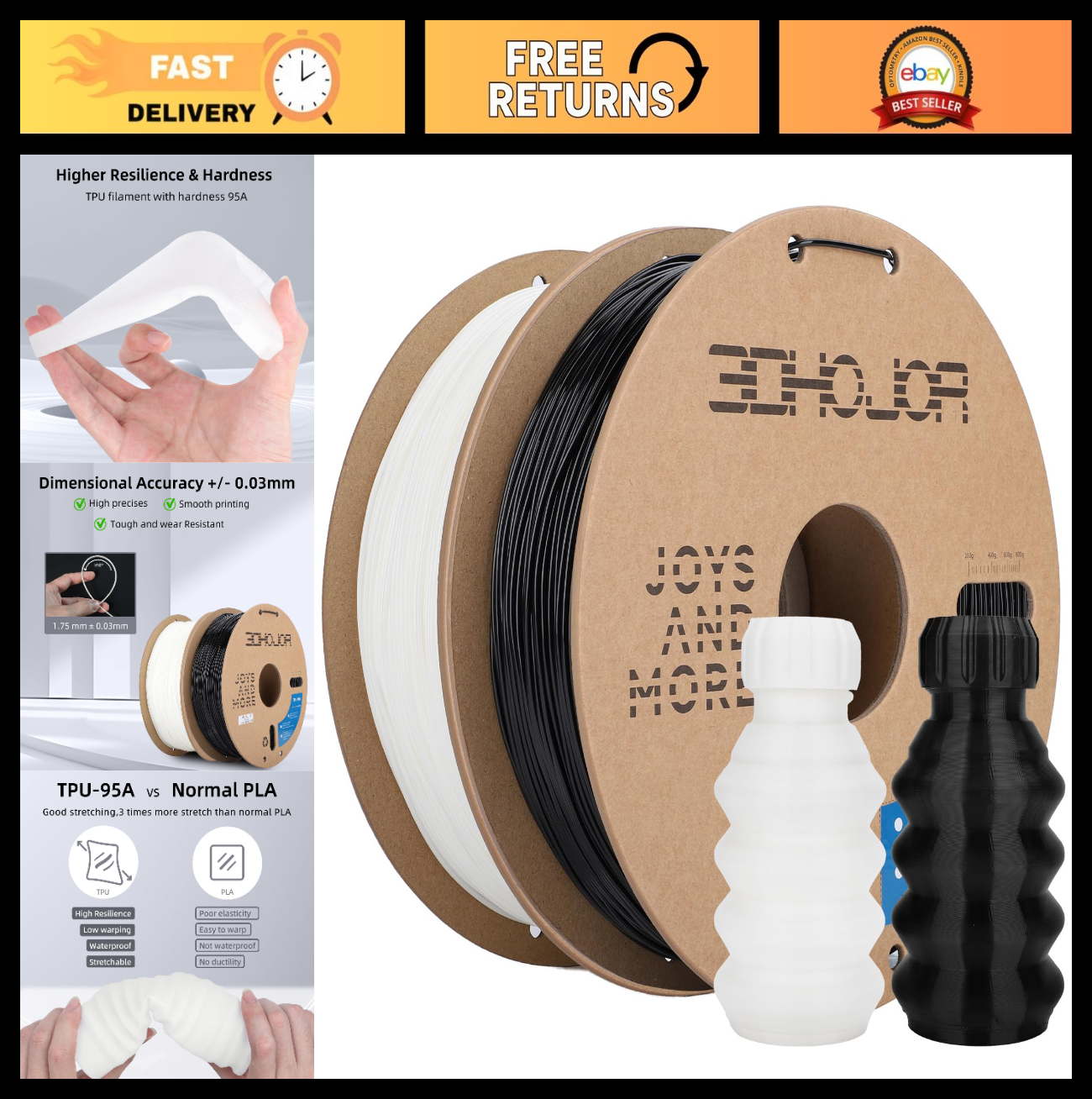 Flexible TPU 3D Printer Filament 1.75mm 1KG Bundle - Black & White, High Accurac0