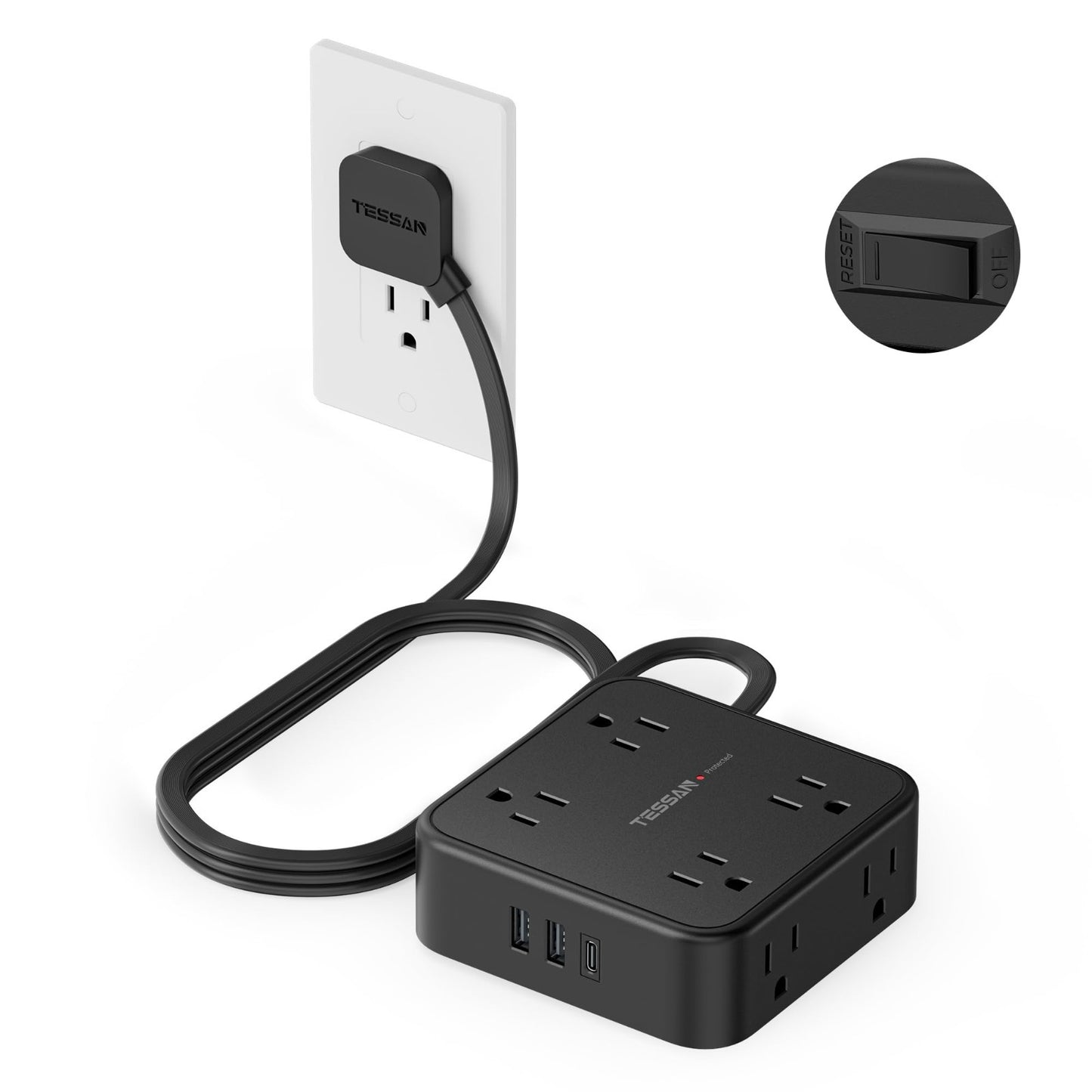 Surge Protector Power Strip 900J Protection, 5 Ft Extension Cord, Black1