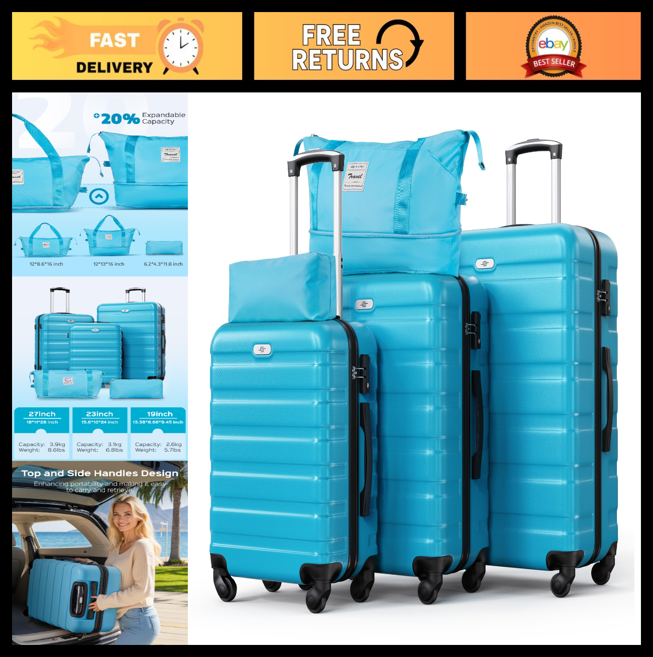 5-Piece Hardshell Luggage Set with Spinner Wheels, TSA Lock, Lightweight Carry-O0