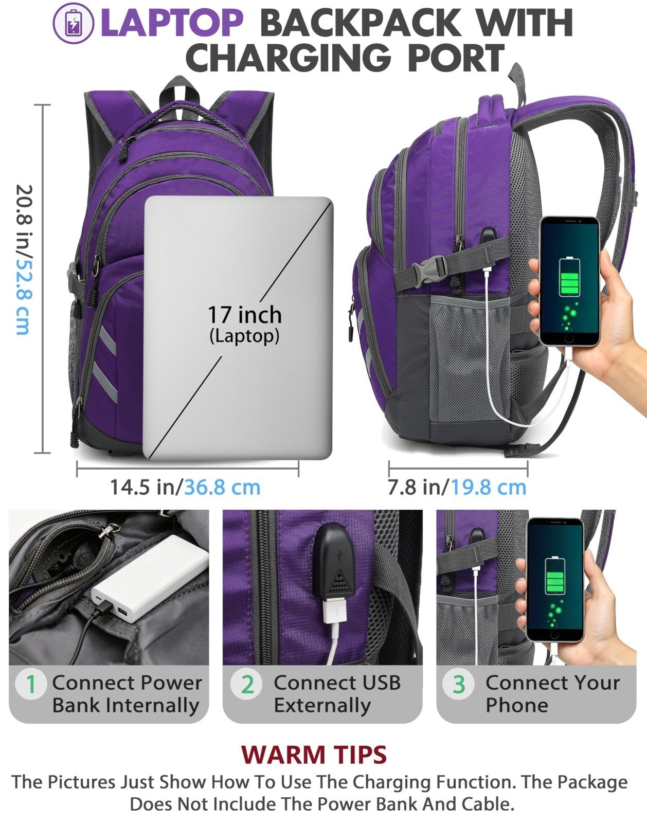 Extra Large College Laptop Backpack, 17" USB Charging, Multi Compartment, Anti T3
