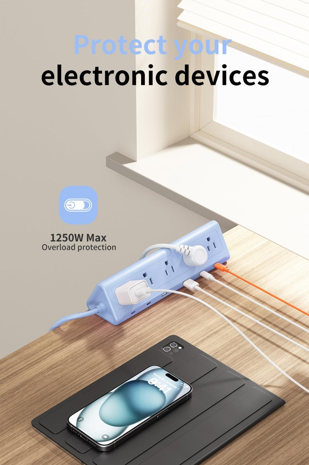 6.5FT Desk Clamp Power Strip   5 AC Outlets, 6 USB Ports, PD 40W Fast Charging5