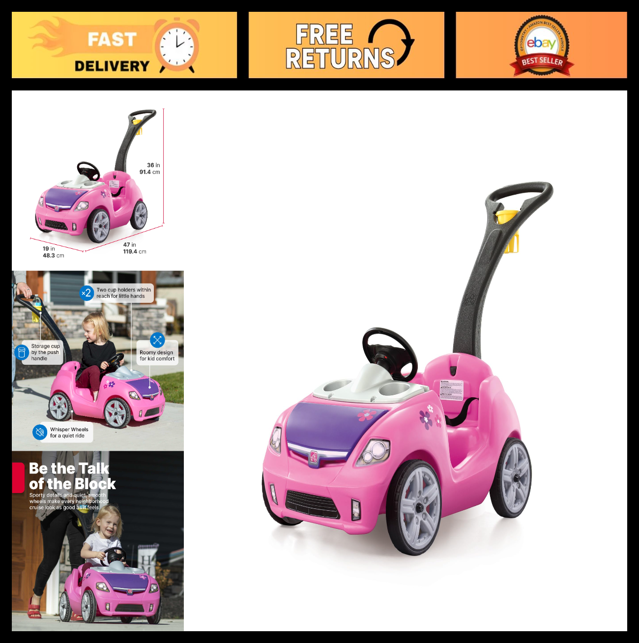 Kids Push Car Ride-On with Seat Belt & Horn, Toddler Stroller Substitute, Pink,0
