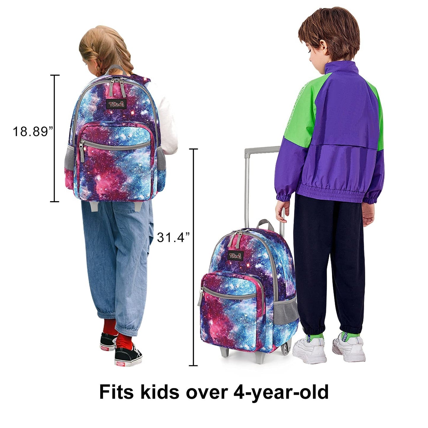 Wheeled Kids Rolling Backpack 18" with Lunch Bag, Double Handle, Galaxy Design7