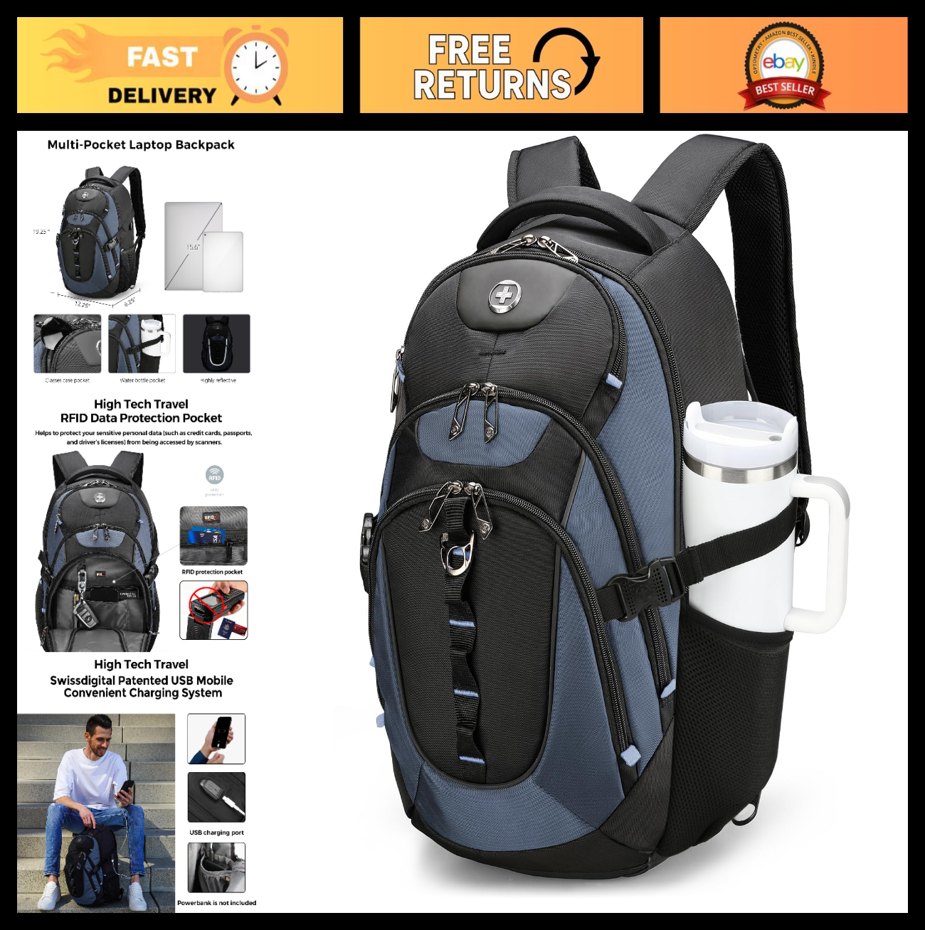 Stylish Travel Laptop Backpack with USB Charging Port, Fits 15.6" Computer, 31L0