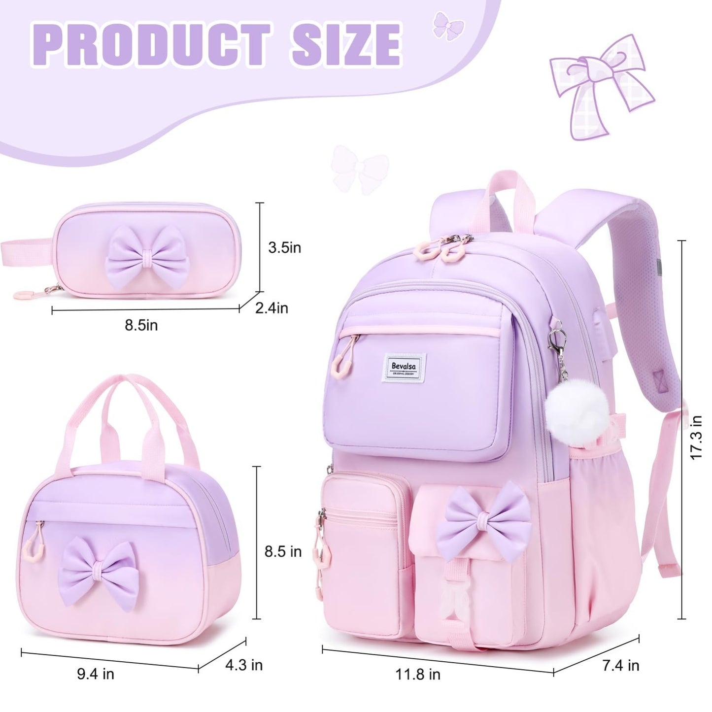 Cute Bow Backpack for Girls   School Bag Set with Lunch Bag & Pen Case1