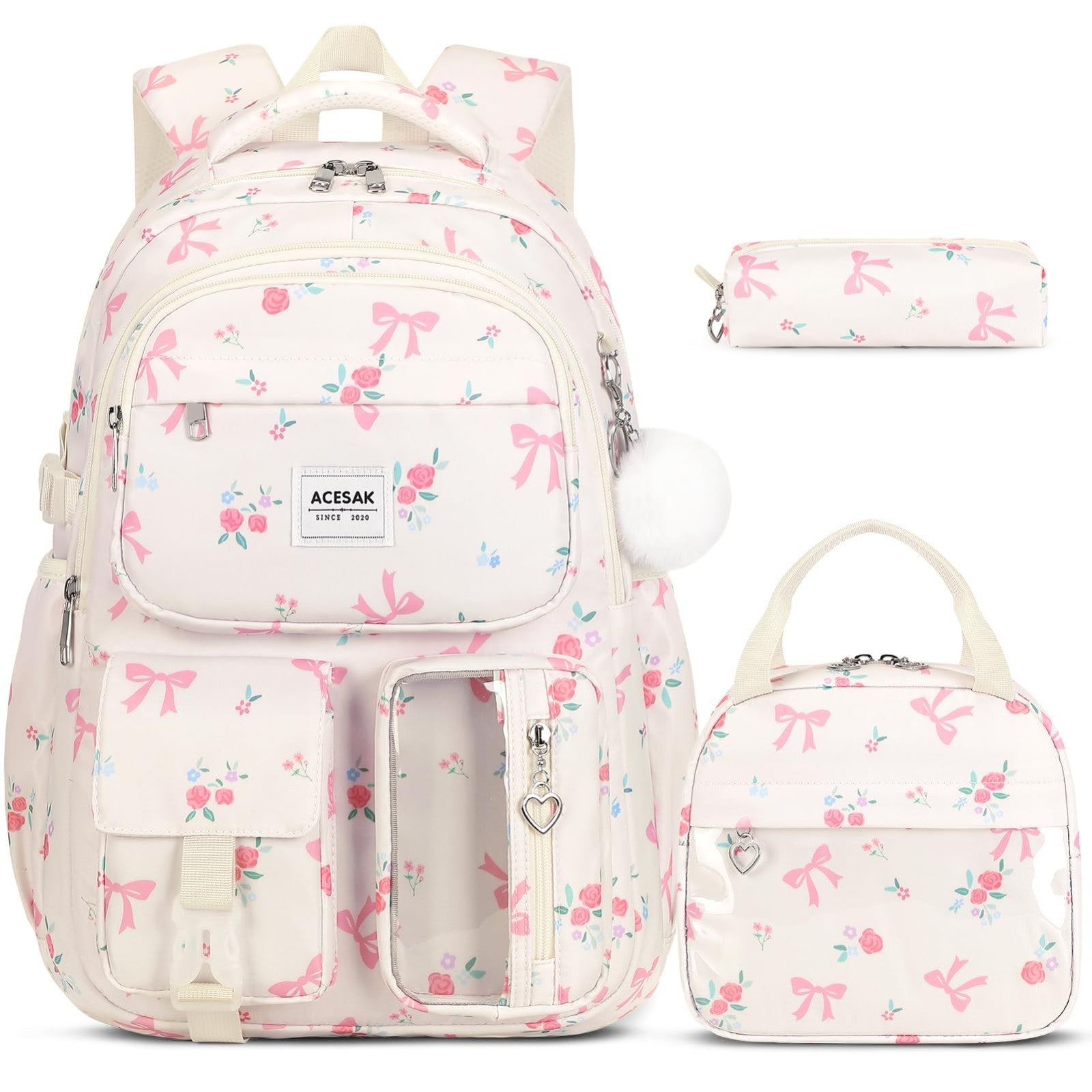 Stylish Floral Backpack Set for Girls   Includes Lunch Bag & Pencil Pouch, Ideal1