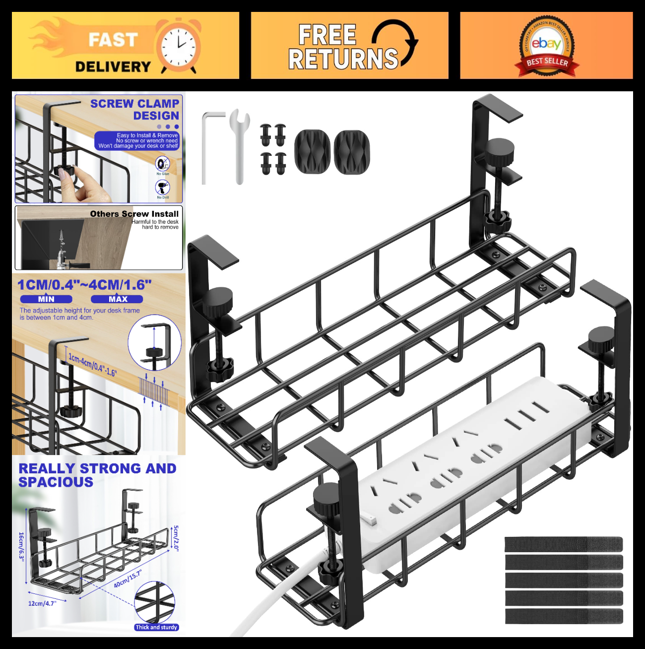 Under Desk Cable Management Tray   No Drill Heavy Duty Steel Wire Organizer, 31.0