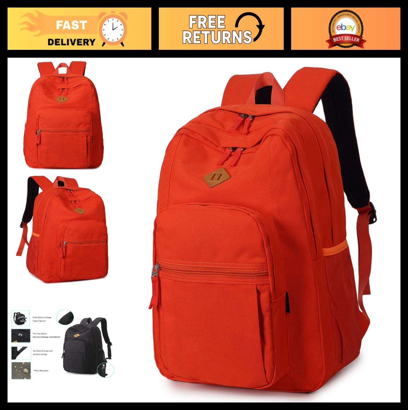 Water Resistant Travel Backpack for Women & Men   Classic College Bookbag (Orang0