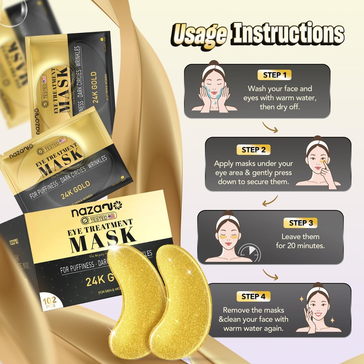 24K Gold Under Eye Patches   102 Pcs Anti Aging Eye Masks for Dark Circles & Puf4