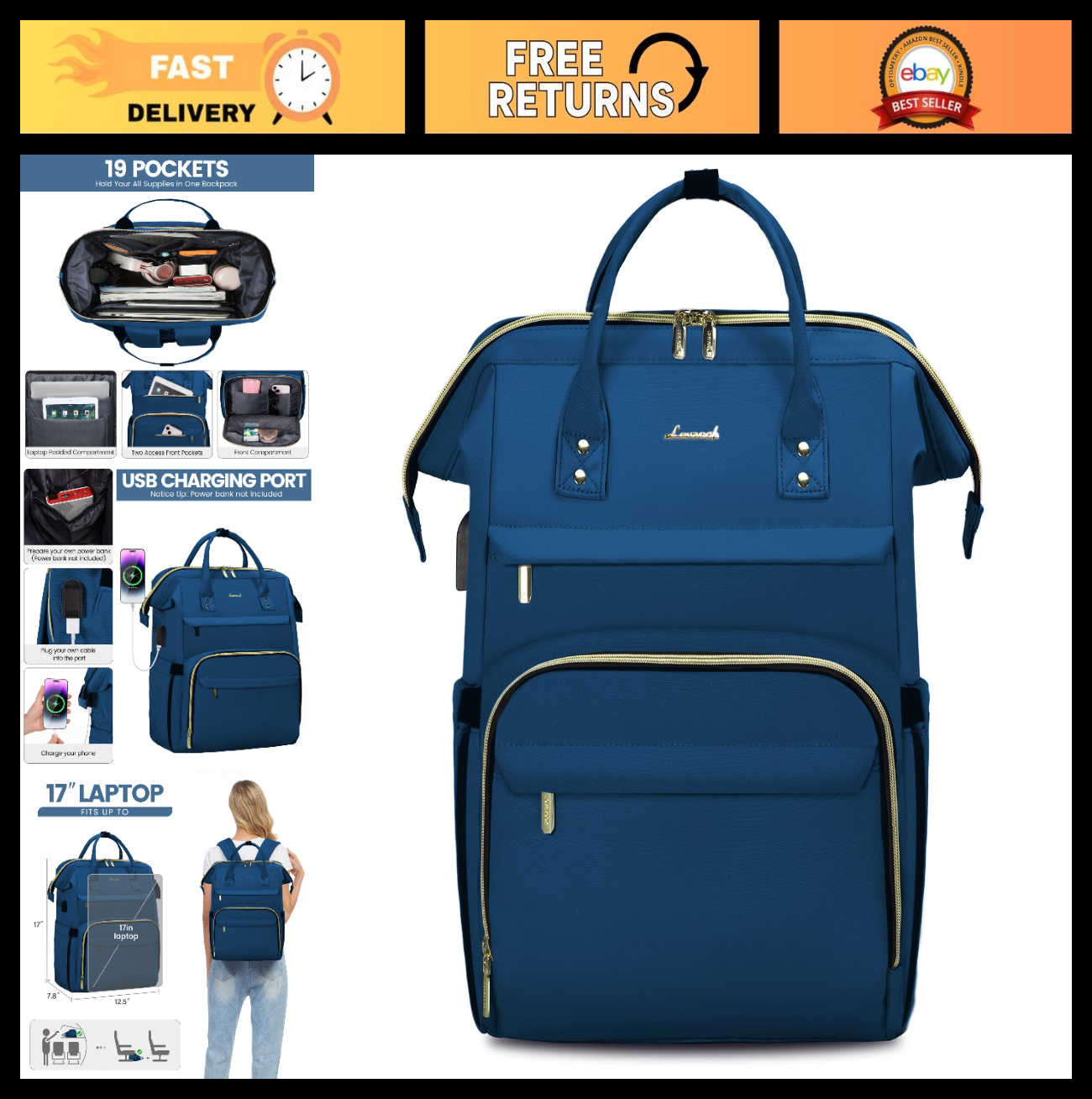 Stylish 17" Laptop Backpack for Women   Waterproof Travel Bag with USB Port, Per0