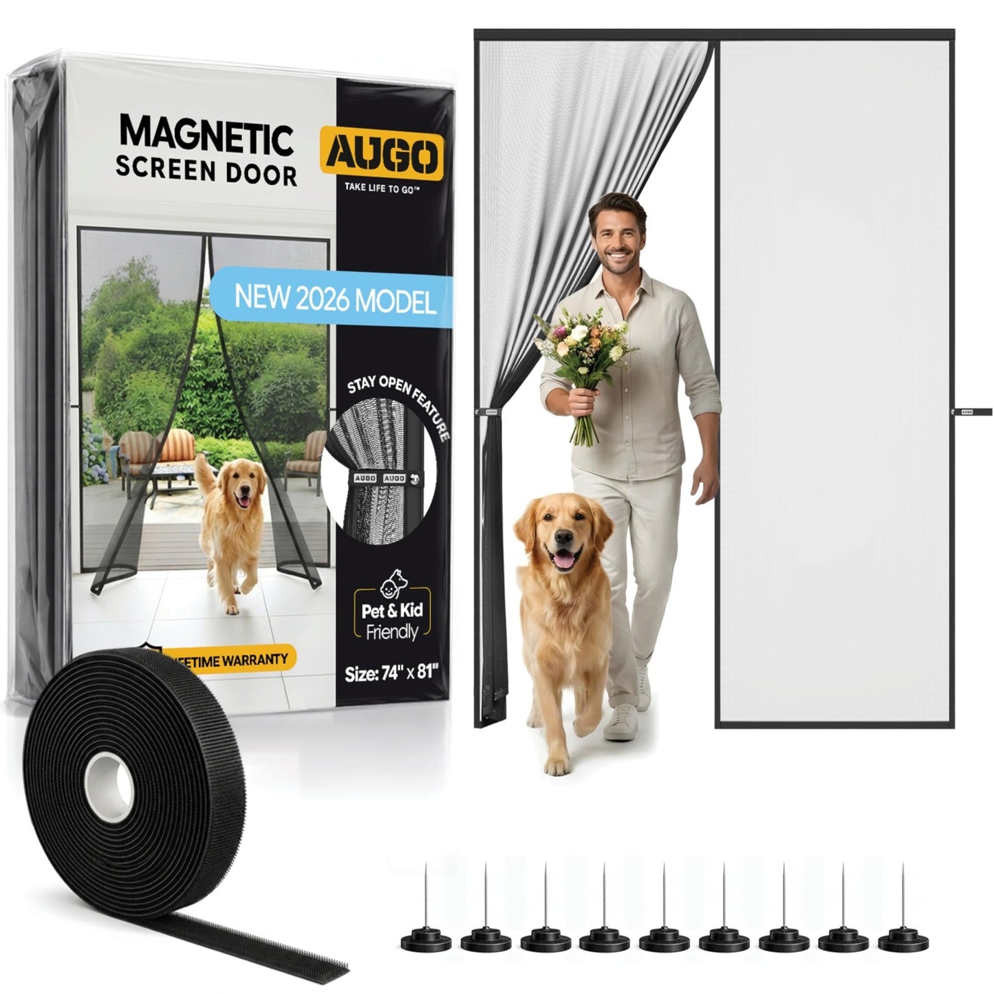 Magnetic Screen Door   Self Sealing Heavy Duty Mesh, Hands Free Bug Barrier, Pet1