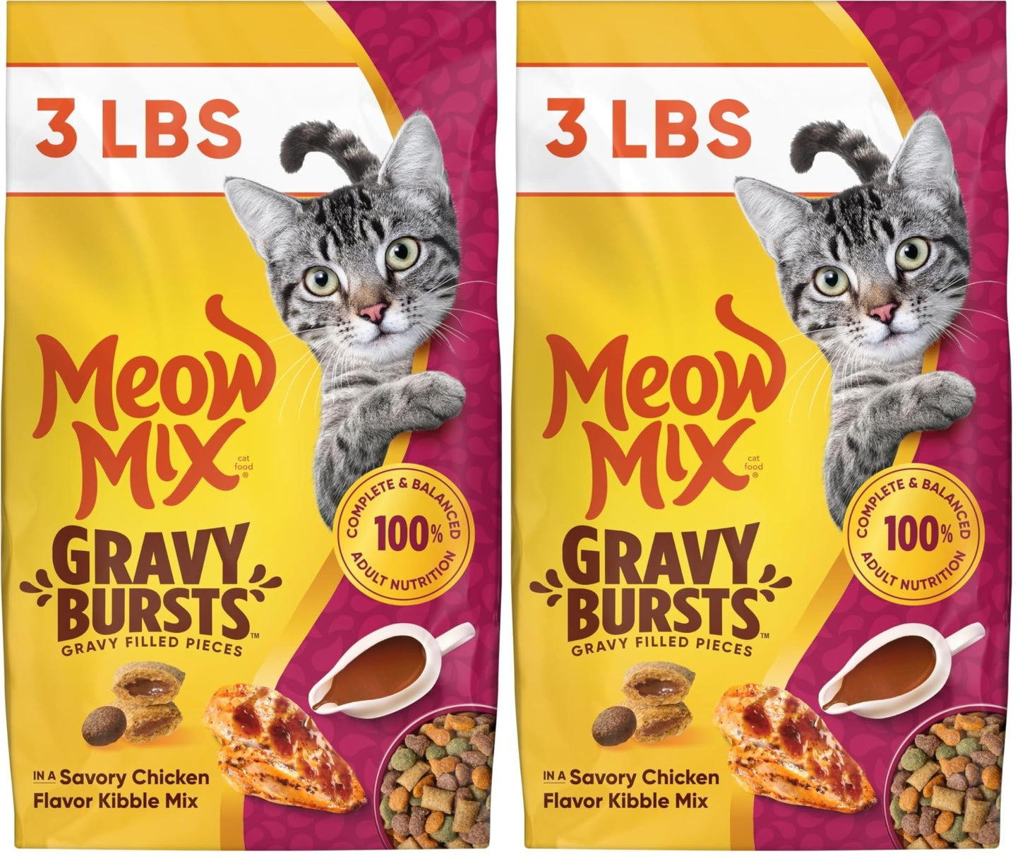 Savory Chicken Gravy Bursts Dry Cat Food, 3 lb Bag, Pack of 2   Grain Free Treat1