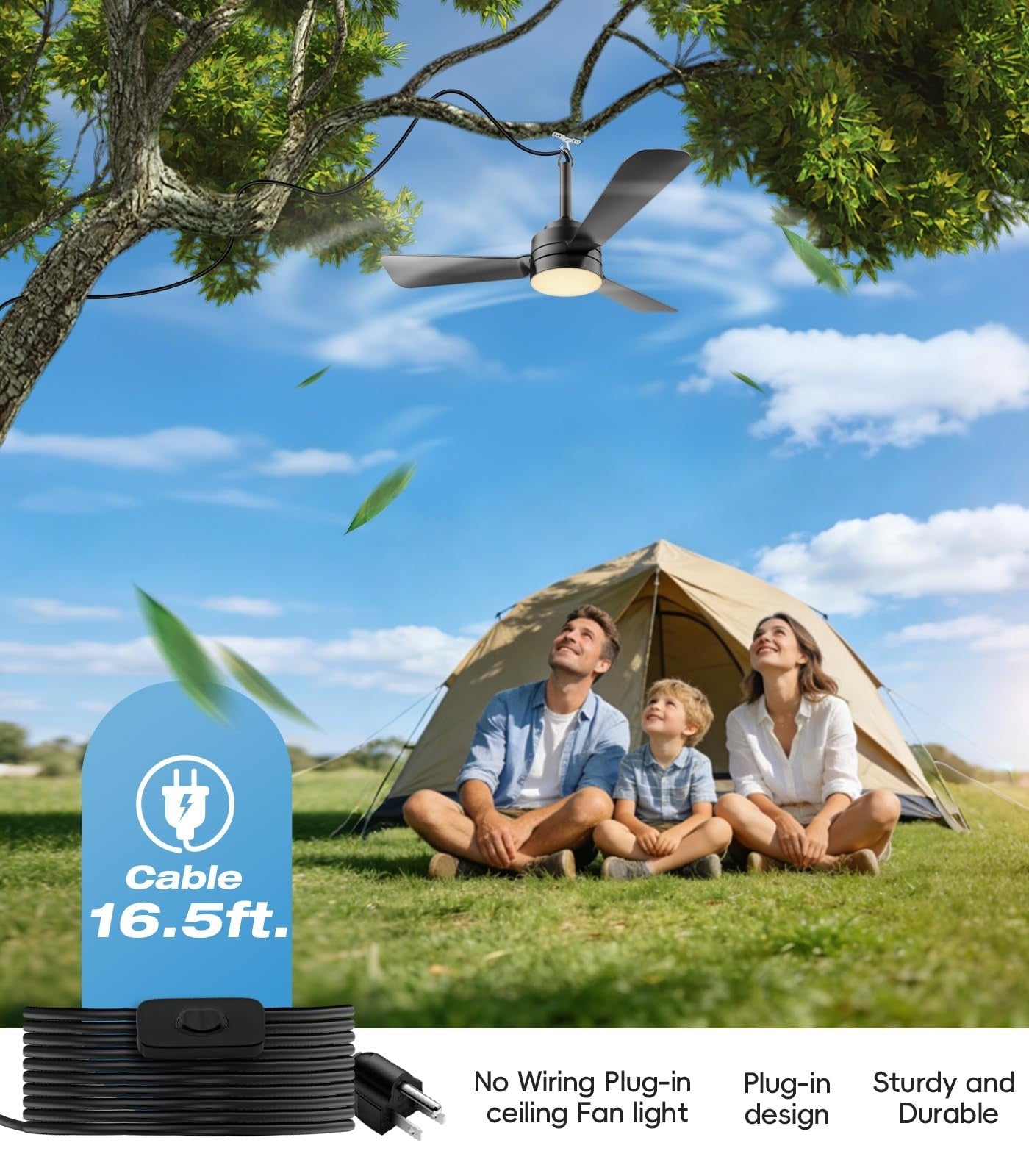 28" Dimmable Ceiling Fan Light with 16.5ft Cord, Reversible Portable Hook for Pa6