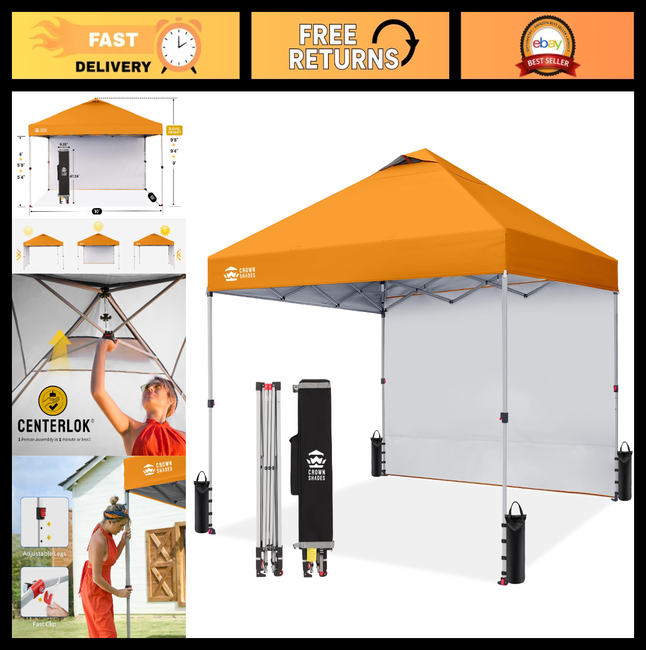 10x10 Pop Up Canopy with Side Wall, Beach Tent, Easy Setup Outdoor Shelter, Sun0