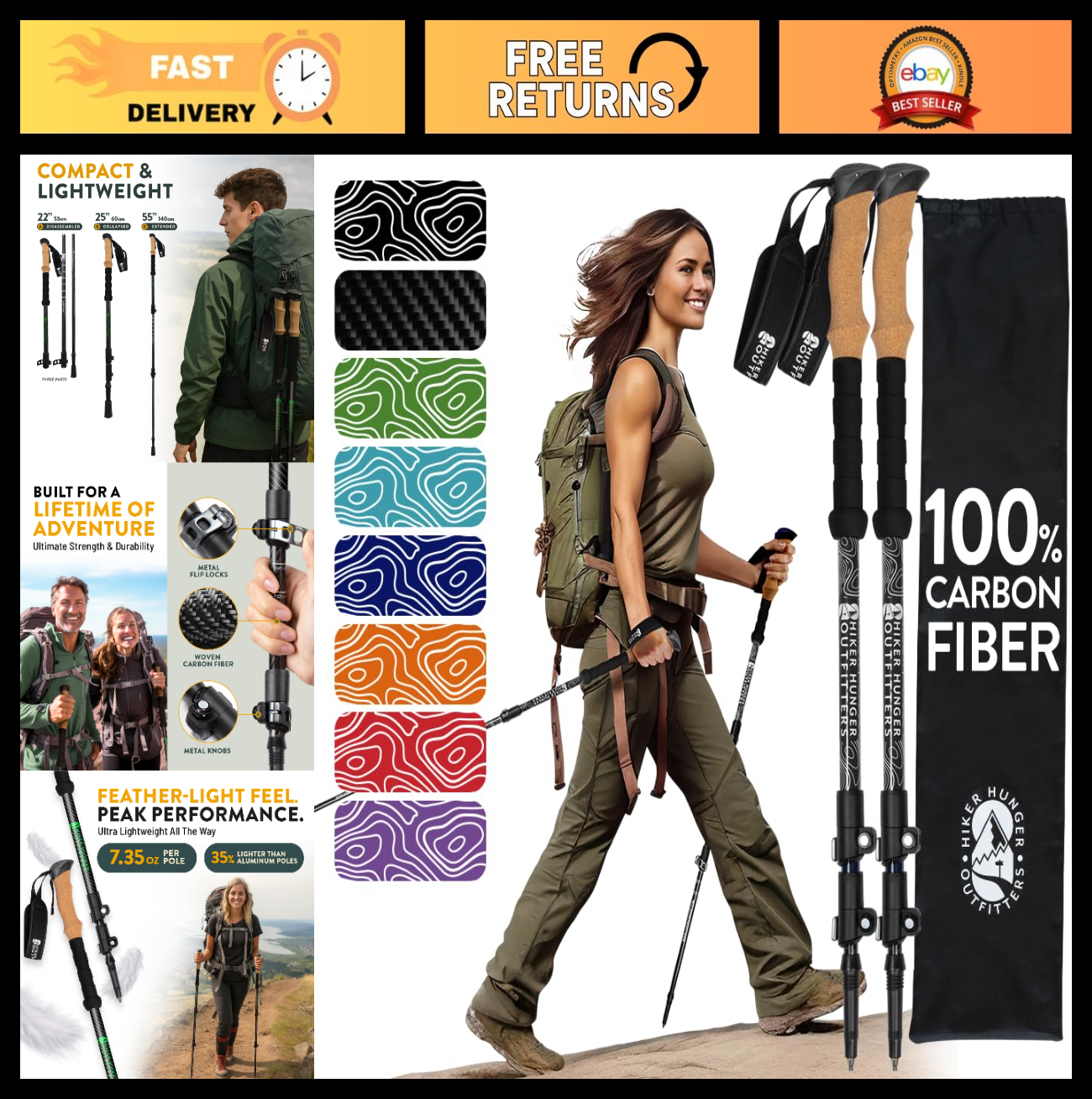 Lightweight Carbon Fiber Trekking Poles - Collapsible Hiking Sticks with Cork &0