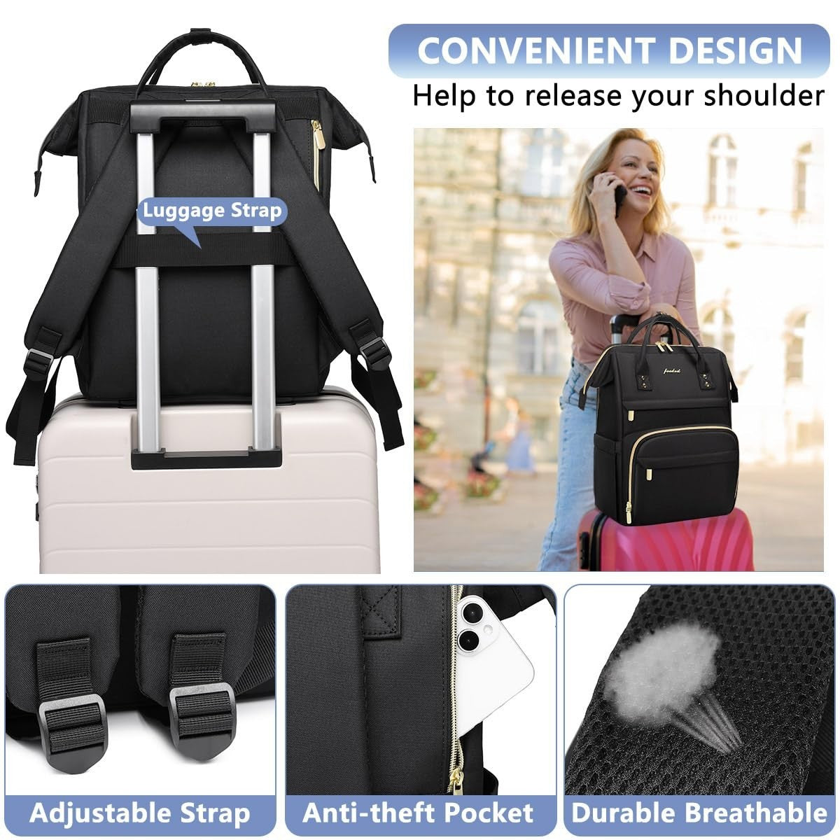 Stylish Waterproof Laptop Backpack for Women   Fits 15.6"   Travel Work Bag, Col3