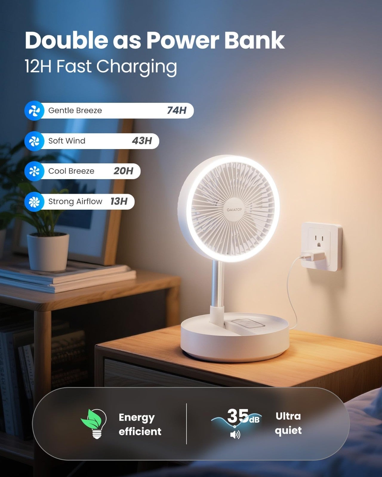 Portable Battery Powered Pedestal Fan, 16000mAh, 74h Runtime, Oscillating, Folda7