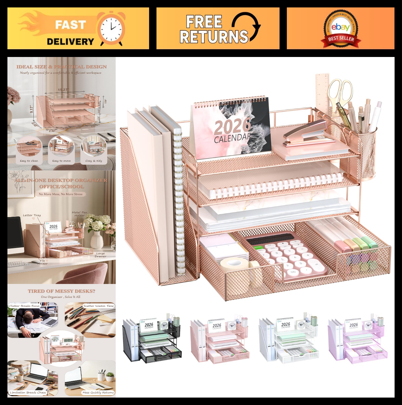 4 Tier Desktop File Organizer with Drawer & 2 Pen Holders   Rose Gold Office Sup0