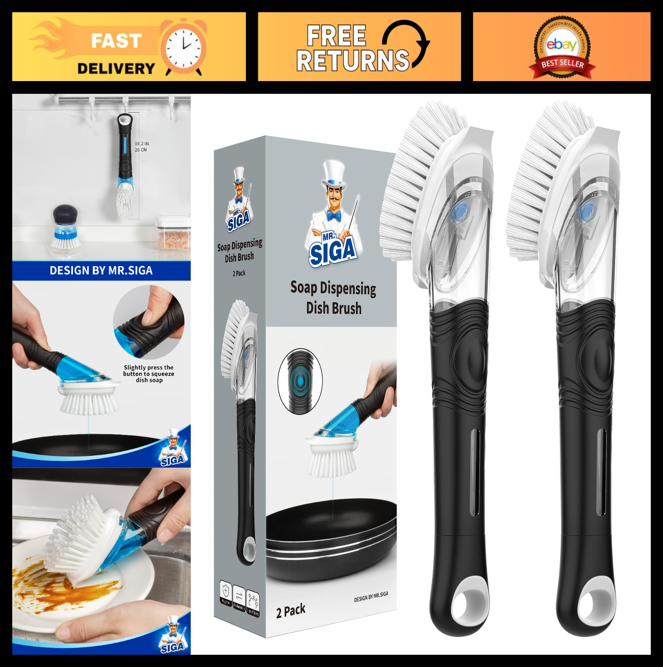 2 Pack Soap Dispensing Dish Brush Set   Kitchen Scrubber for Pots & Pans, Sink C0