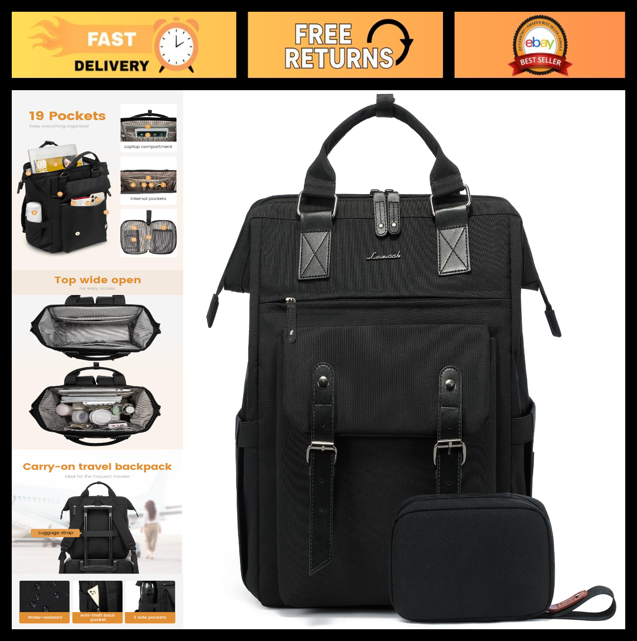 Stylish 15.6" Laptop Backpack for Women   College, Work, Travel, Nurse Bag, Blac0