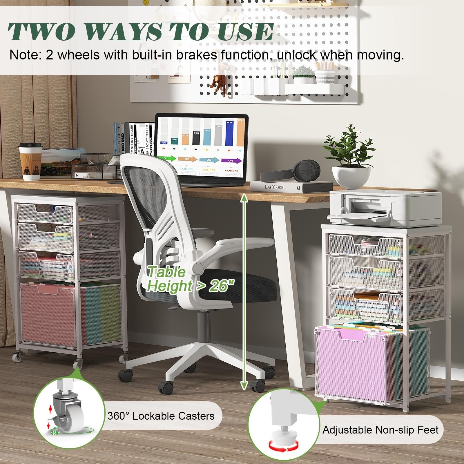 4 Drawer Mobile File Cart with Wheels, Under Desk Storage, Multifunctional Organ4