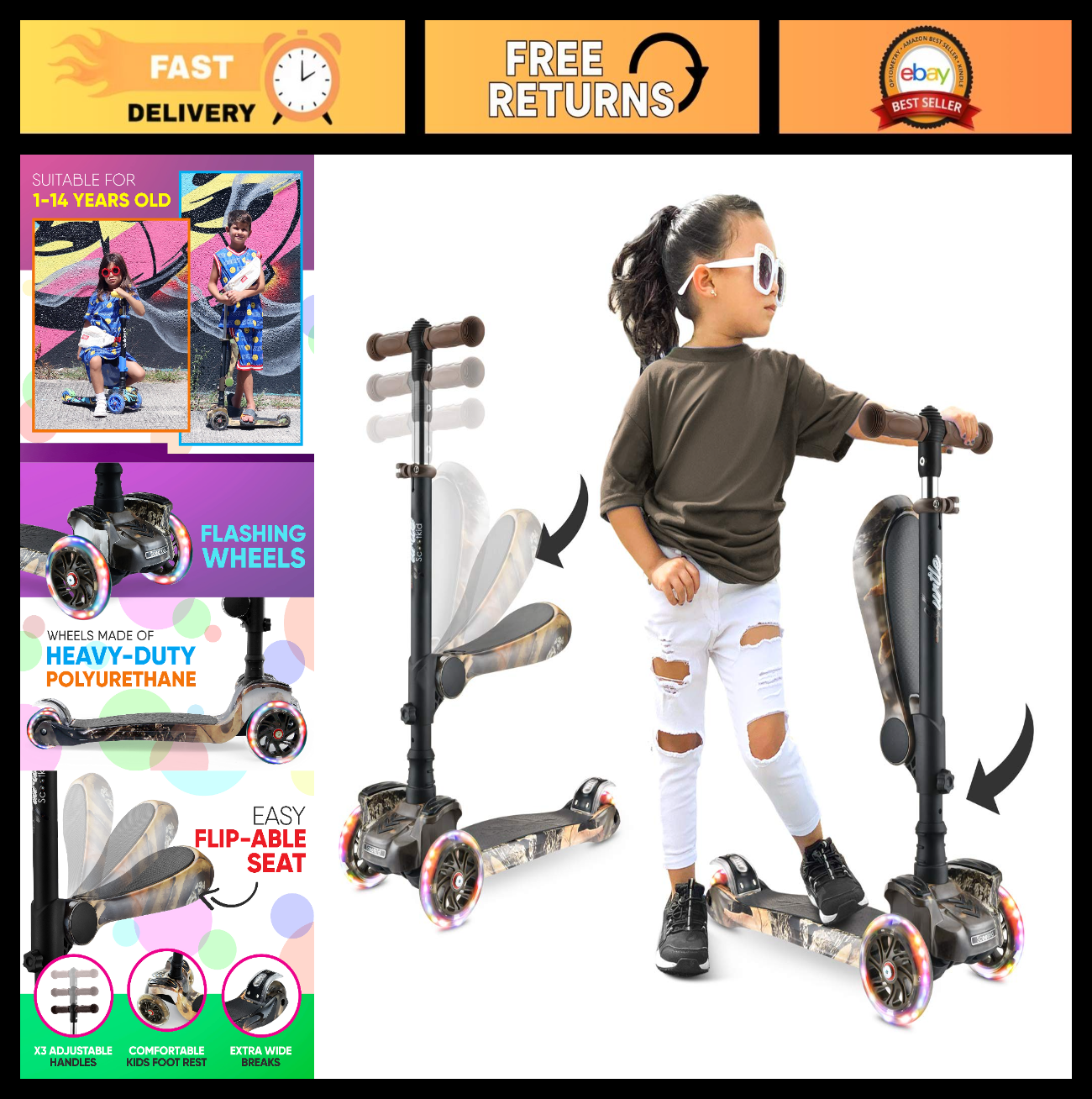 3-Wheeled Kids Scooter with LED Lights, Adjustable Handlebar, Foldable Seat, Sit0