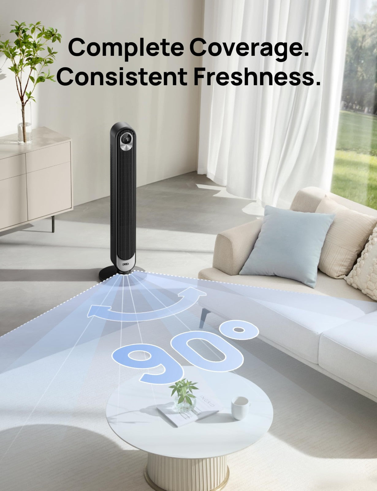 High Velocity 28ft/s Tower Fan, 20dB Quiet, 9 Speeds, 4 Modes, 12H Timer, 90° Os5