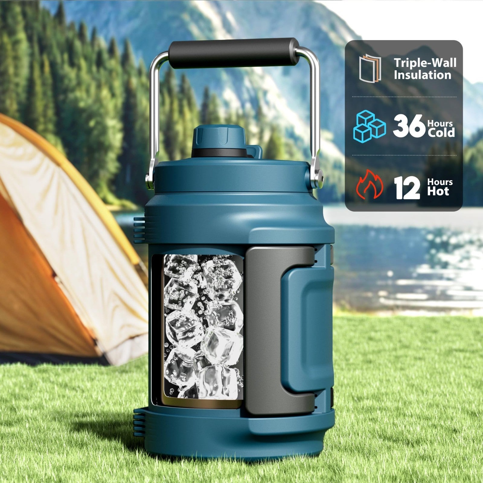 64 oz Insulated Water Bottle - Triple Wall Vacuum Half Gallon Jug, 2-in-1 Lid, L2