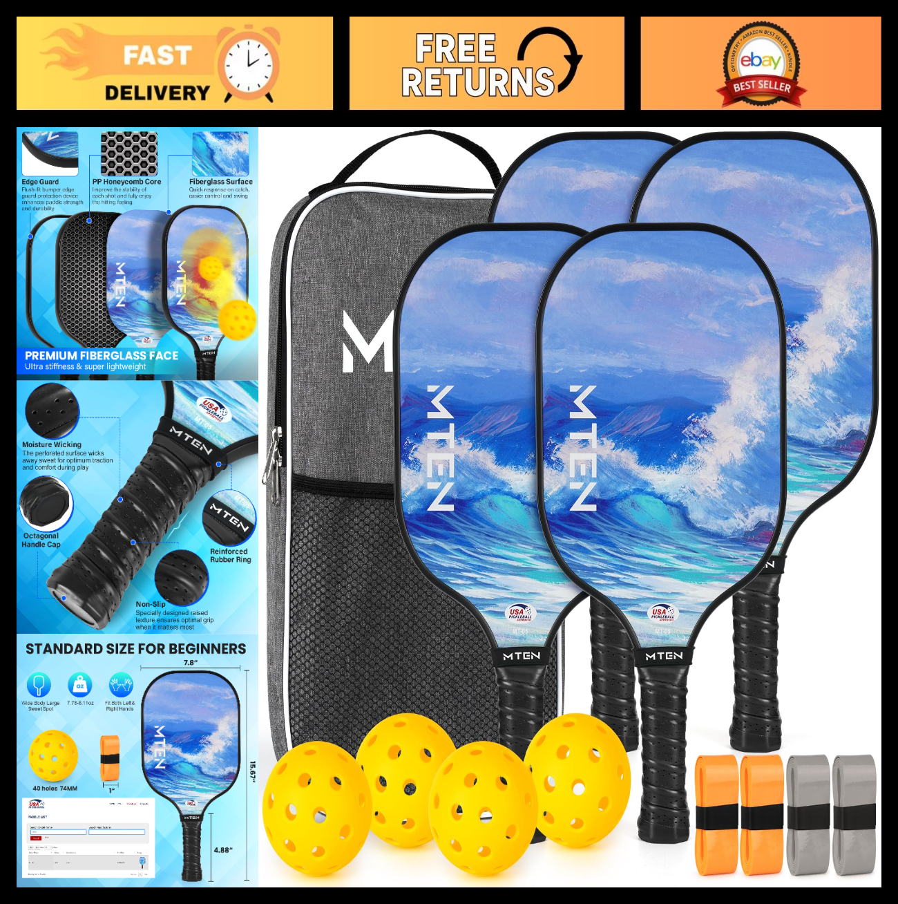 Pickleball Paddle Set of 2/4/1 - USAPA Approved Fiberglass Rackets, Lightweight7
