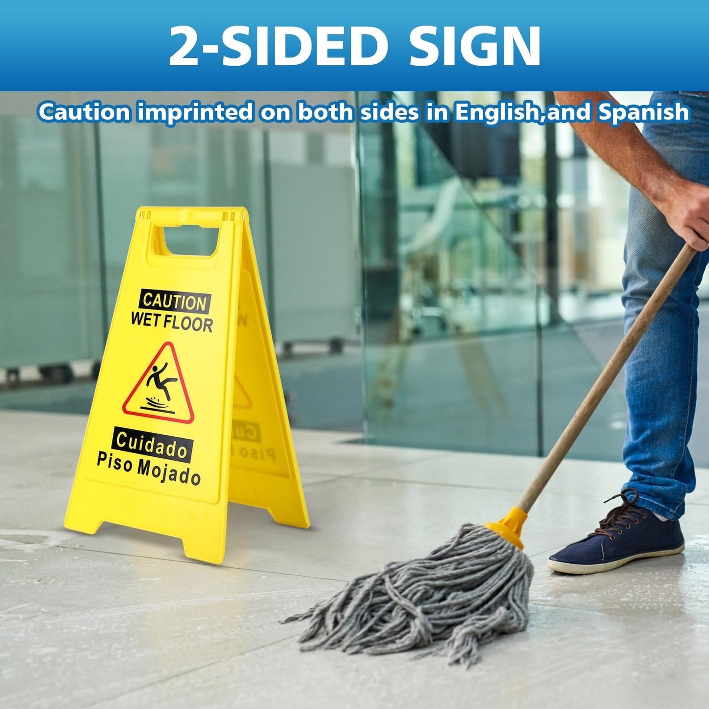 4 Pack Wet Floor Signs   17.5" Double Sided A Frame, Bright Yellow, Bilingual Sa2