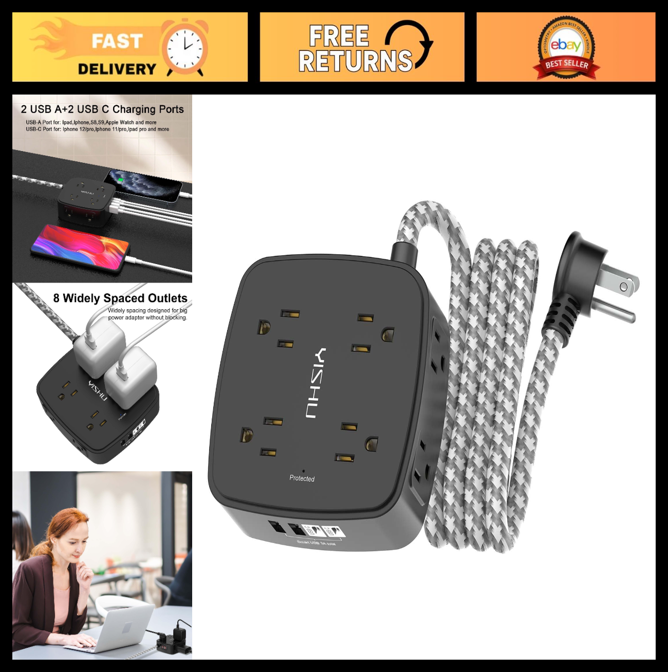 8 Outlet Surge Protector Power Strip with 4 USB Ports, 6ft Braided Cord, Flat Pl0