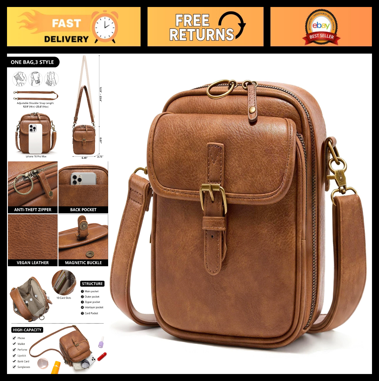 Vegan Leather Crossbody Bags for Women - Vintage Anti-Theft Messenger Purse with0