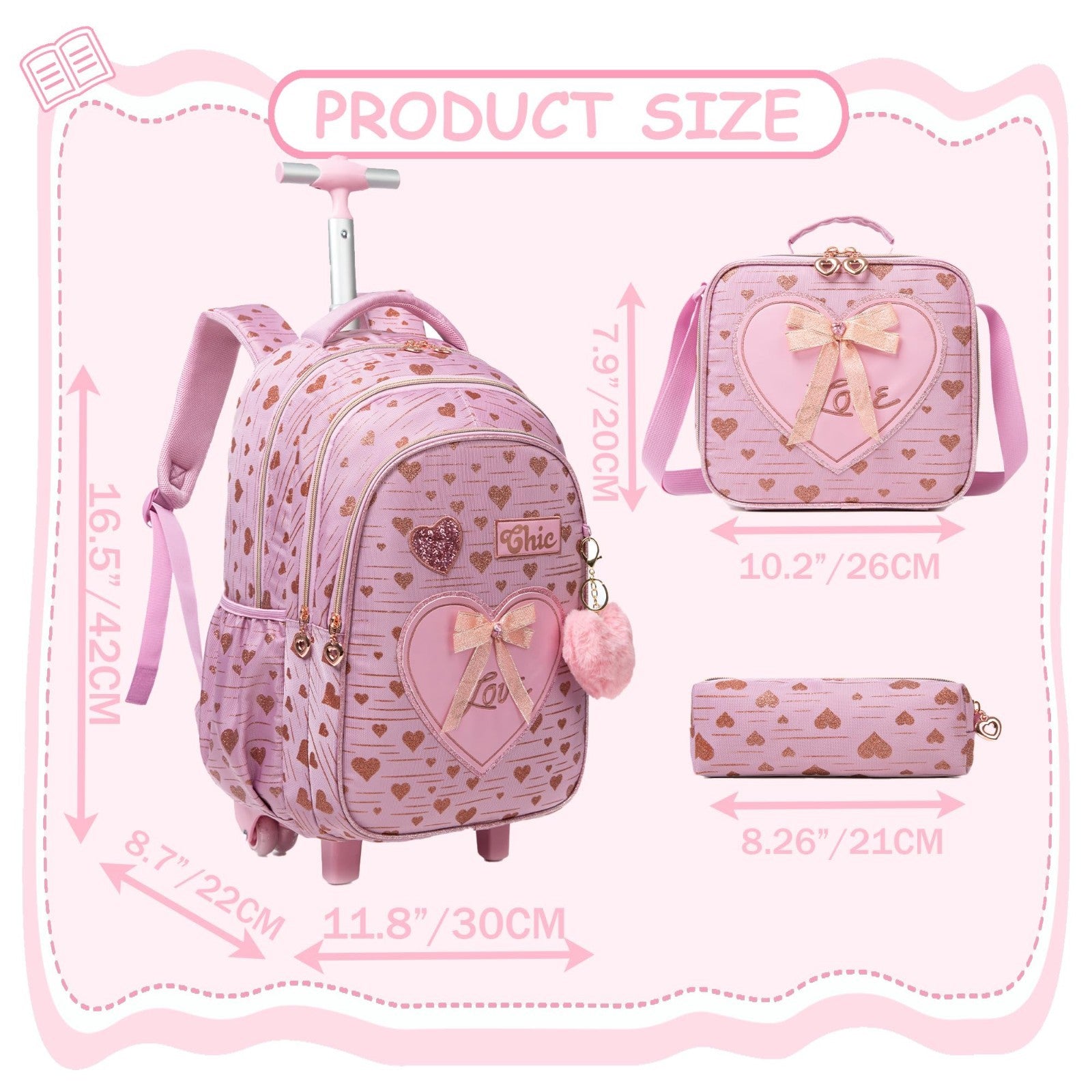 Rolling Kids Backpack with Lunch Box   Girls Wheeled Travel Suitcase for Ages 6 2