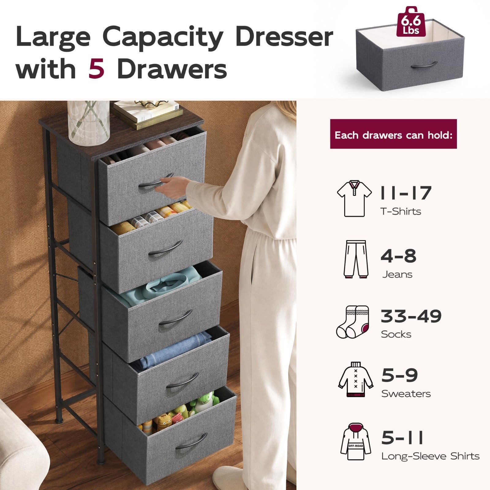 Tall Dresser for Bedroom - 5 Drawer Vertical Storage Chest, Dark Grey Fabric, Sm5