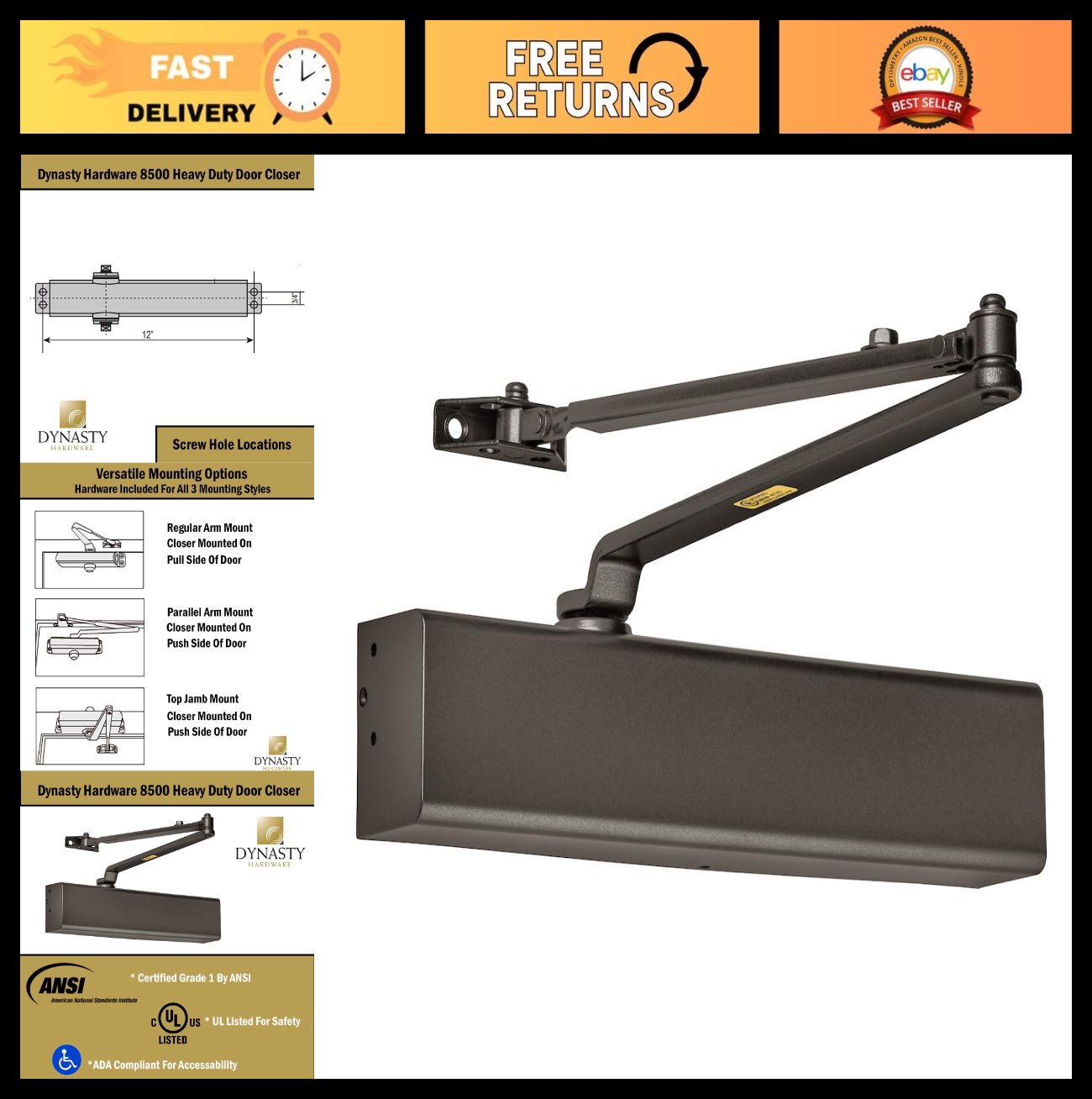Heavy Duty Hydraulic Door Closer, Adjustable Spring Size 1 6, ADA Compliant, Sur0