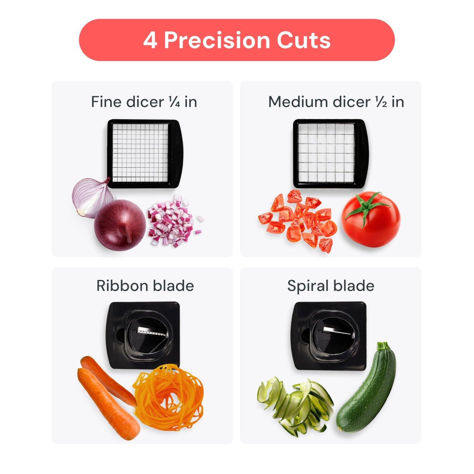 4 in 1 Vegetable Chopper & Spiralizer, Sharp Stainless Steel Blades, Kitchen Pre4