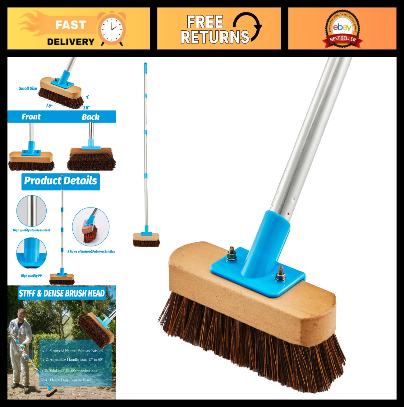 Long Handle Floor Scrub Brush for Deck, Patio, Garden & Sidewalk Cleaning0