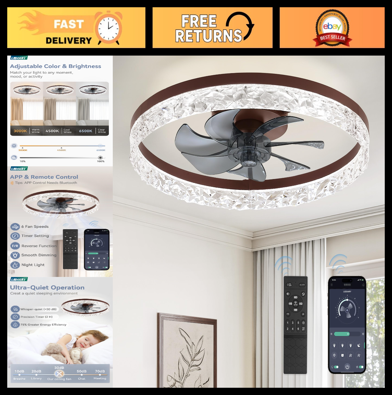 20" Modern LED Ceiling Fan with Lights, Remote, Dimmable, 6 Speeds, Flush Mount0