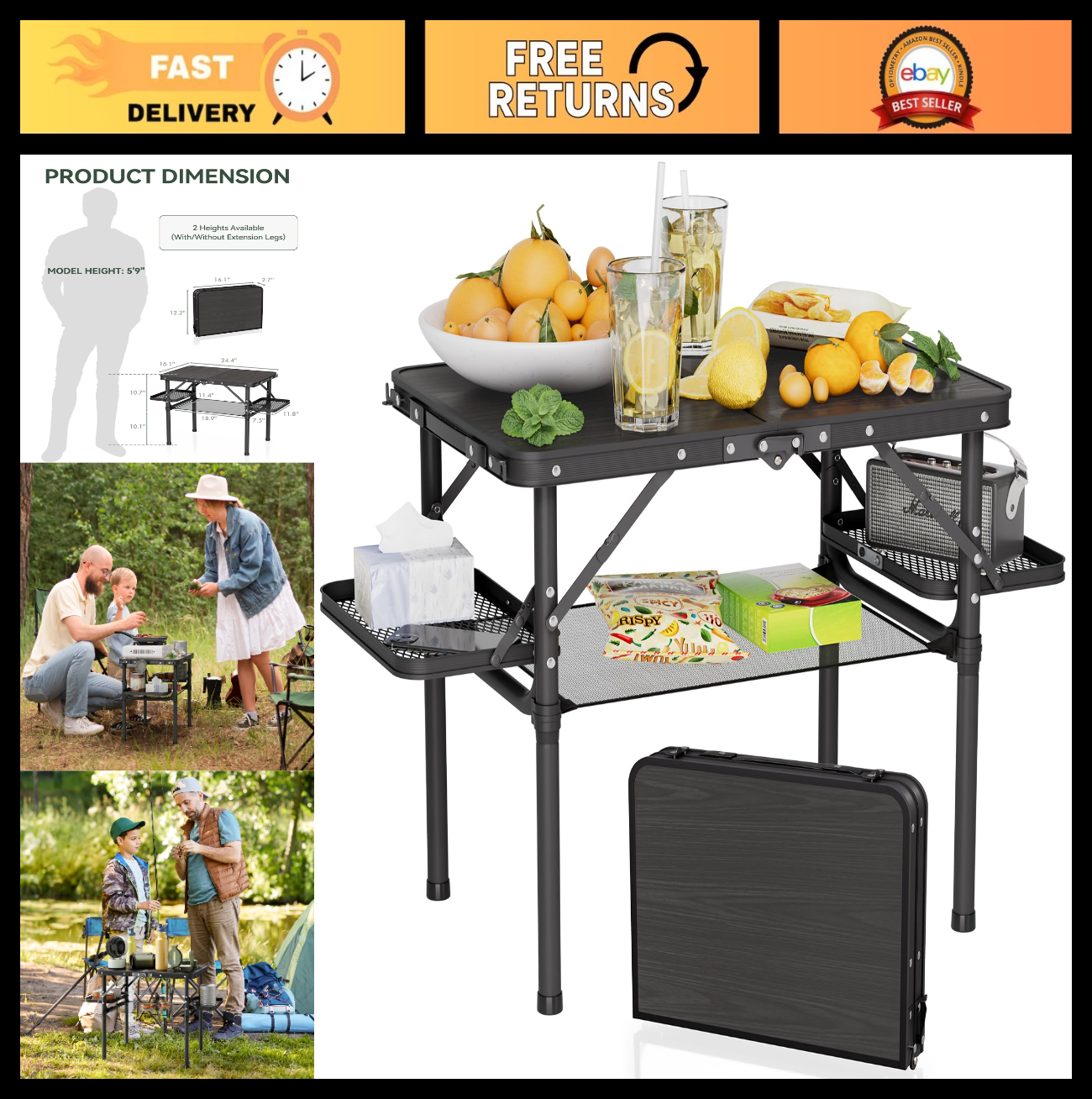 Portable Folding Camping Table 2ft with Side Racks & Storage Net - Lightweight P0