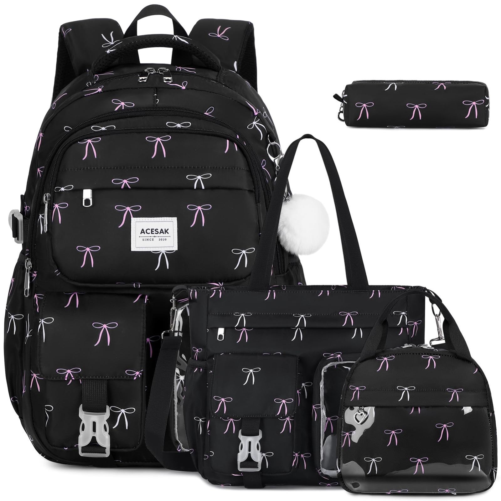 Stylish Girls Backpack Set with Tote, Crossbody Bag, Lunch Bag & Pencil Pouch  1