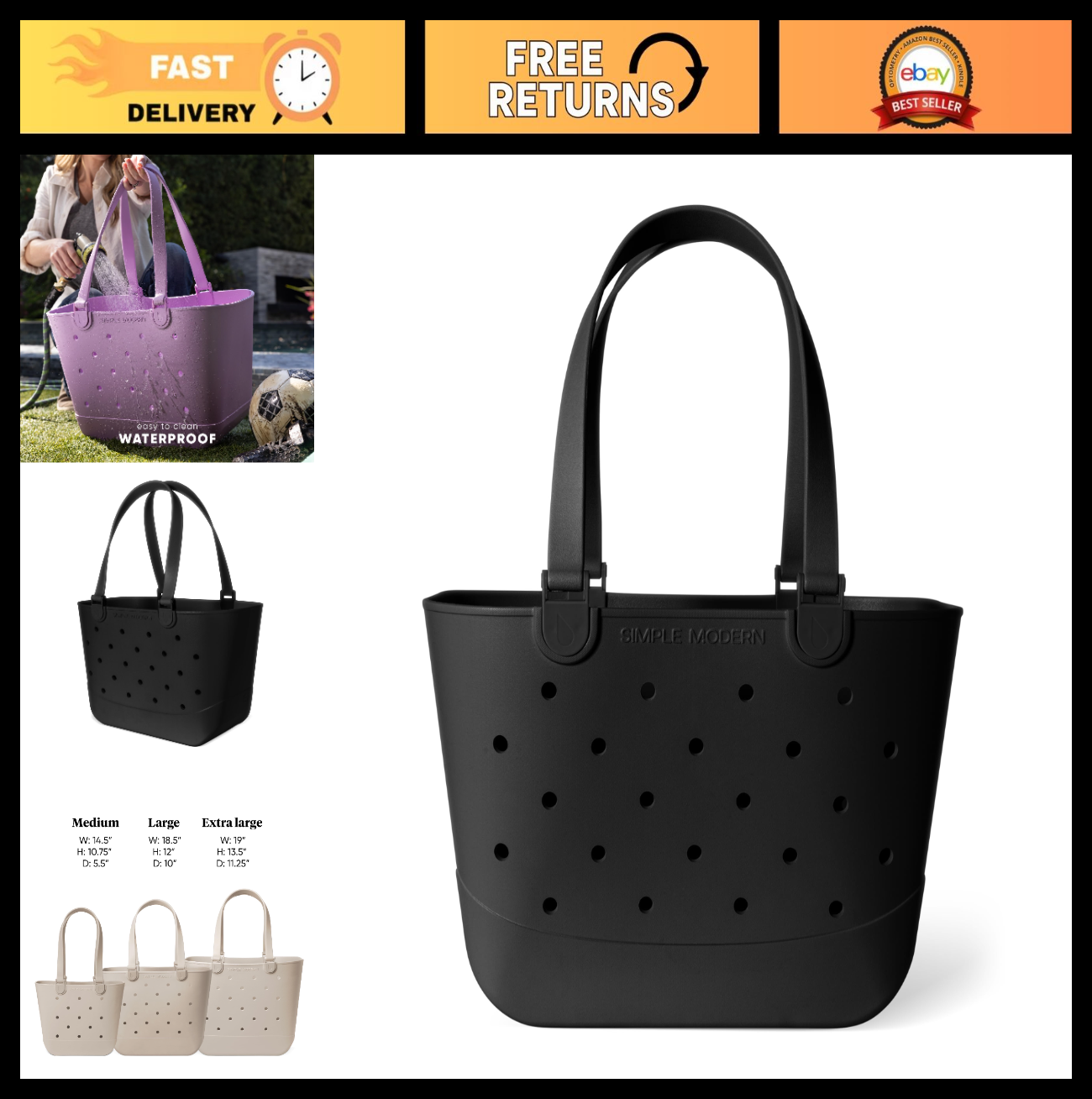 Large Waterproof Beach Tote Bag | Zipper Pocket | Travel & Pool Essentials | Bla0