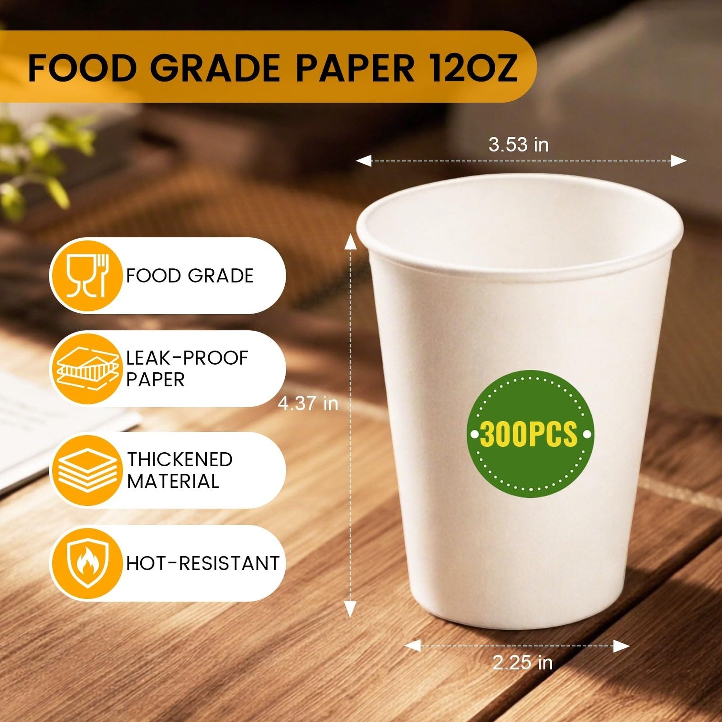 300 Pack 12 oz Disposable Paper Coffee Cups - Sturdy, Leak-Resistant for Hot & C6