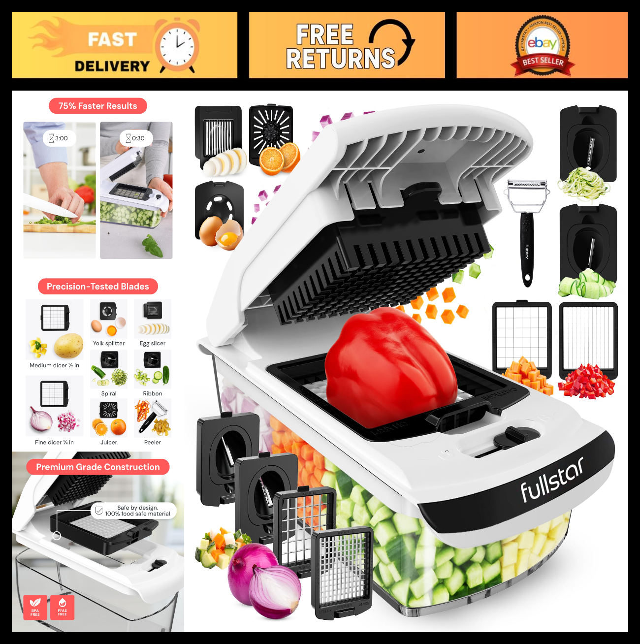 6 in 1 Vegetable Chopper & Spiralizer, Stainless Steel Food Slicer with Containe0